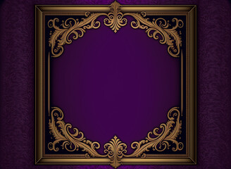 Purple velvet background, elegant empty copy space texture with ornate gold tapestry framed border
