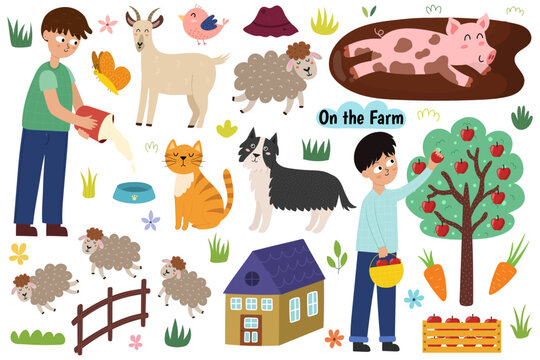 Cute farm set with animals and kids farmers. Countryside life elements collection in cartoon style. Pig in the mud, boy picking apples, goat, sheepdog and other elements. Vector illustration