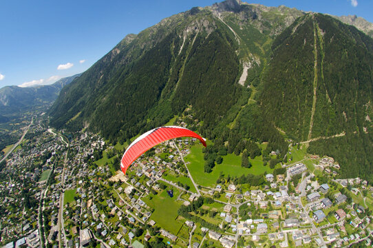 Paragliding over the Chamonix Valley near Mont Blanc in Chamonix, France