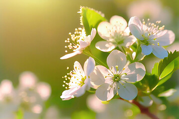 Closeup of white flowers illuminated by light,spring flowers background