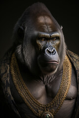 front facing studio photograph of a beautiful majestic Gorilla monkey wearing a gold chains