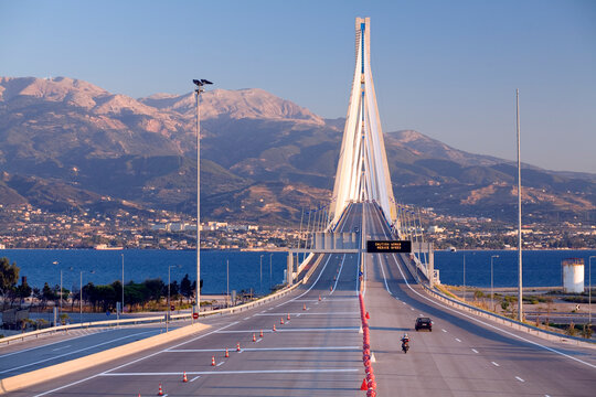 The world's longest cable-stayed suspended deck bridge near Patras, Greece.