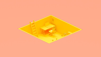 Yellow office room in pink square hole. Yellow laptop on work desk table and ladder to climb up. Minimal idea concept. 3D Render.