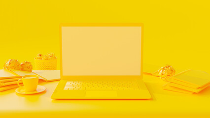Yellow work desk minimal concept. Cluttered yellow desk with laptop,  notebook and trash can. 3D Rneder.