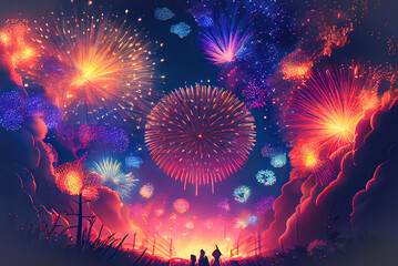 Fireworks in the sky, festival Japanese architecture