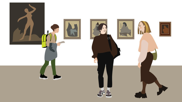 Visitors to the exhibition, young men and women, walk through the halls and take pictures of paintings. Hand drawn trendy Vector illustration. Cartoon style. Banner, website design templates