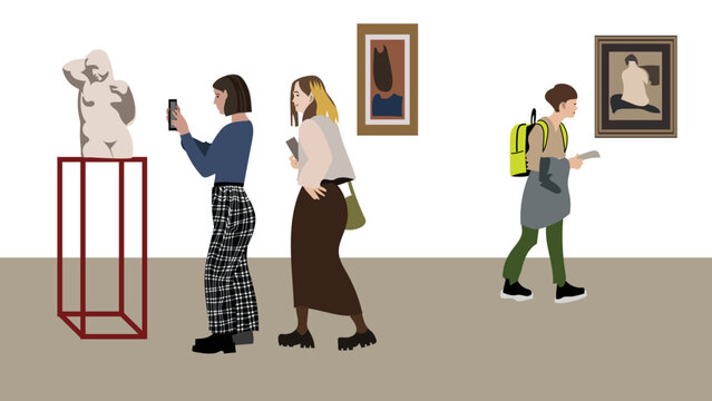 Visitors to the exhibition, young men and women, walk through the halls and take pictures of paintings. Hand drawn trendy Vector illustration. Cartoon style. Banner, website design templates