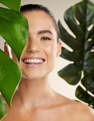 Beauty, skincare and woman portrait with green plant for natural skin dermatology cosmetic product....