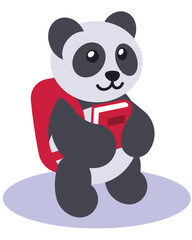 Panda with backpack and textbook. Vector graphics