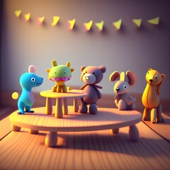 Set of different cute toys on wooden table in children's room - generative ai