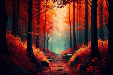  a painting of a path in a forest with bright red leaves on the trees and rocks on the ground, with a bright light coming from the trees.  generative ai