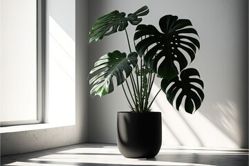  a plant in a black pot on a window sill in a room with a white wall and a window sill with a light coming through the window.  generative ai
