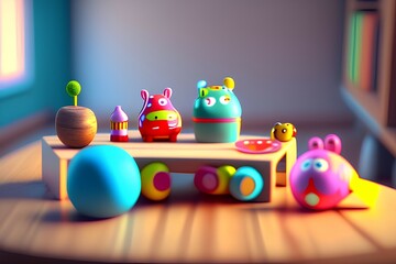 Set of different cute toys on wooden table in children's room - generative ai