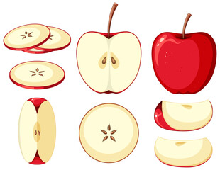 Red apple in whole and sliced pieces
