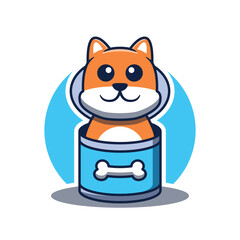Cute shiba inu dog cartoon character in a food can. Logo mascot.
