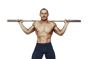 Muscular bodybuilder man doing exercises with barbell over white background. Copy Space 