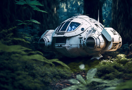spacecraft sitting in overgrown forest, shot in the style of street photography, made with generative AI	
