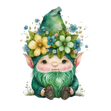 Cute Gnomes St. Patrick's Day With Flowers and wearing flower Watercolor Transparent  PNG Files