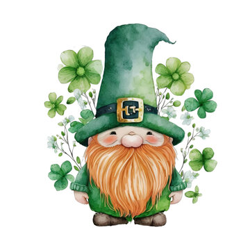 Cute Gnomes St. Patrick's Day With Flowers and wearing flower Watercolor Transparent  PNG Files Ganerative AI