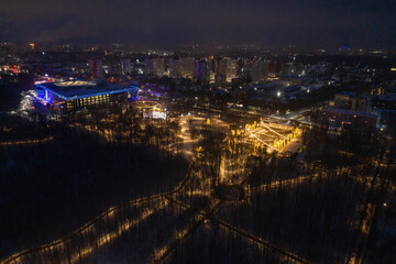 Fototapeta na wymiar Nizhny Novgorod in winter. Switzerland Park at night. Aerial view.