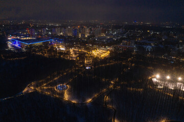 Fototapeta na wymiar Nizhny Novgorod in winter. Switzerland Park at night. Aerial view.