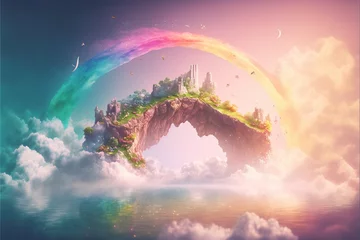 Foto op Plexiglas anti-reflex Fantasy island with Rainbow. Generative AI. © dimensdesign