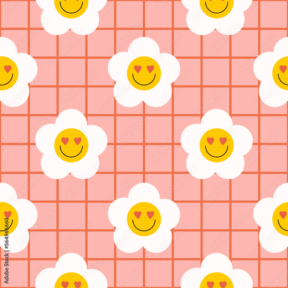 Aufkleber retro groovy seamless pattern with smiling flowers on a checkered background. cute colorful trendy v