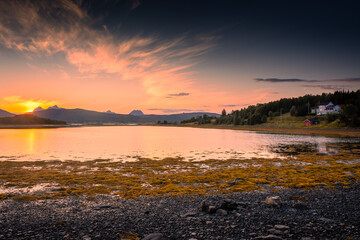 Beautiful sunset over a lake in Senja Island,  Norway