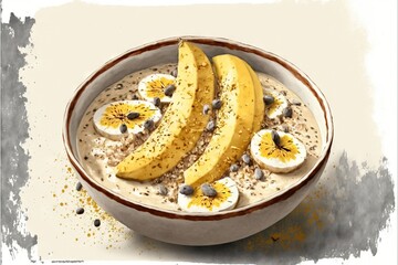  a bowl of oatmeal with bananas and nuts on top of it, with a splash of water on the side of the bowl.  generative ai