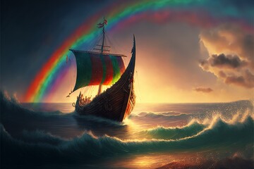 Viking Ship with Rainbow In Fantasy Style.Generative AI.