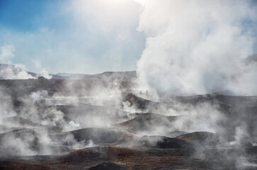 The geysers of Sol de Magnana on the Altiplano plateau in Bolivia
