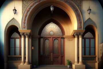 Fototapeta na wymiar A beautiful architectural design of the entrance door to the mosque. Decorative door. generative ai