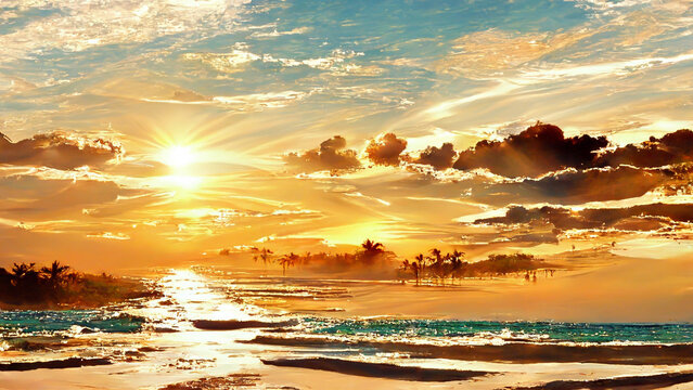 seaside sunset beach landscape illustration image illustration Generative AI Content by Midjourney