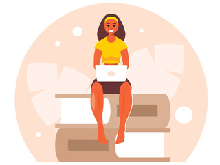 Girl sitting on a stack of books and working on a laptop. Online education concept. Remote work freelancer. Vector graphics