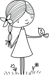 Cute girl with a bird.  Vector file for designs.