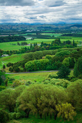 Fototapeta na wymiar Breathtaking New Zealand Landscape with farmland and green rolling hills under cloudy sky. High vantage point. Greys Hill Lookout, Gisborne, North Island, New Zealand
