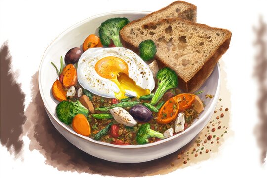  a bowl of food with bread and vegetables on a table top with a white background and a brown spot on the side of the bowl.  generative ai