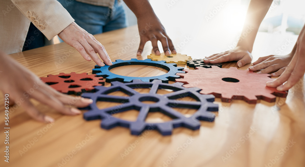 Poster Hands, collaboration and gear with a business team working together in synergy for innovation at a workshop. Meeting, teamwork and creative with a man and woman employee group at work in the office