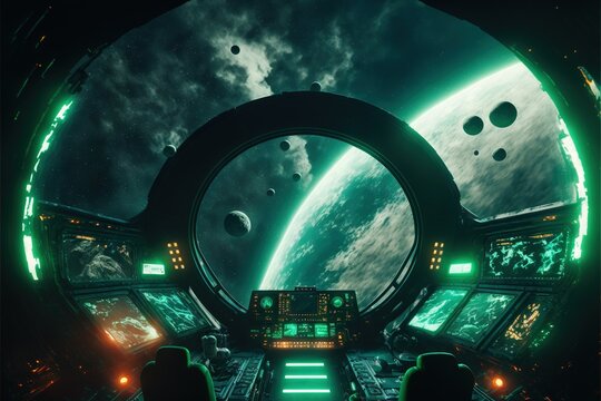 Green view from the cockpit of a spaceship, realistic generative ai