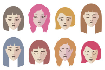 Girl faces flat vector illustrations. Digital portrait illustrations. Minimal simple designs, with different colored and style hair. 