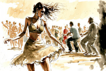 Female latino dancer on a street festival with people dancing. AI generative illustration. - obrazy, fototapety, plakaty