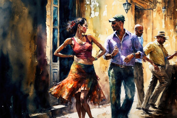 Couple of cuban dancers dancing salsa or rumba cubana on the street. AI generative illustration. - obrazy, fototapety, plakaty