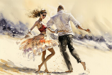 Young couple dancing salsa, rumba or argentine tango nuevo on the beach by the sea. AI generative.