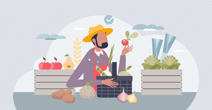 Farmers market scene with local food or grocery supplier tiny person concept. Ecological, fresh and natural vegetables, fruits and products from kiosk vector illustration. Sell organic assortment.