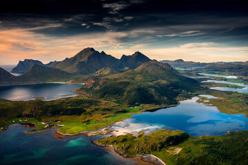 Beautiful landscape of the Lofoten Islands at sunset from Offersoykammen trail,  Norway