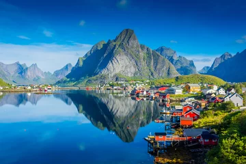 Foto op Plexiglas Noord-Europa Perfect reflection of the Reine village on the water of the fjord in the Lofoten Islands,  Norway