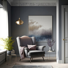 Cozy modern living room interior with Grey armchair and decoration room on a Grey or white wall background, Generative AI
