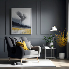 Cozy modern living room interior with Grey armchair and decoration room on a Grey or white wall background
