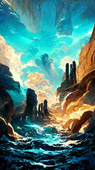 Exit of a cave underwater with natural sunbeams Mediterranean  illustration Generative AI Content by Midjourney