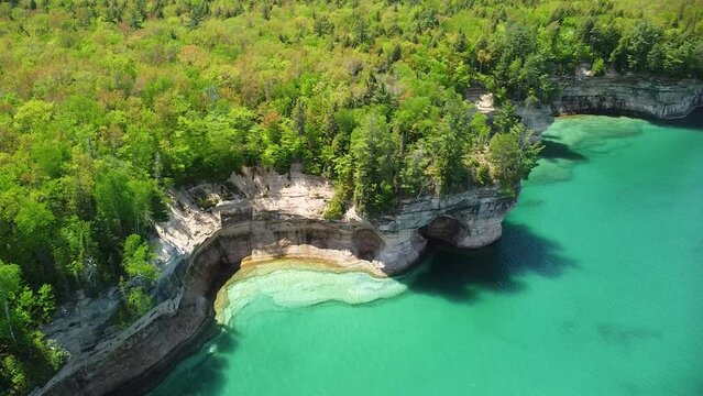 Beautiful Sandstone Rock Cliffs in Summer, Drone Descent, Pictured Rocks National Lakeshore